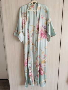 Kim + Ono Floral Kimono Robe in Pale Aqua with birds and flowers